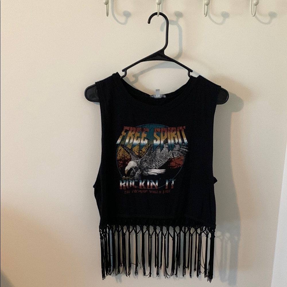Black Fringe Tank Top with Graphic Design